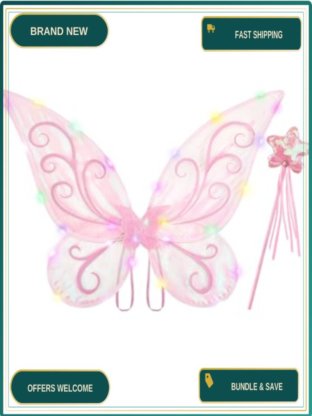 Light Up Fairy Wings for Girls LED Butterfly Costume Wing with Wand